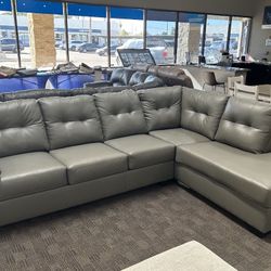 Grey Leather Sectional Couch 