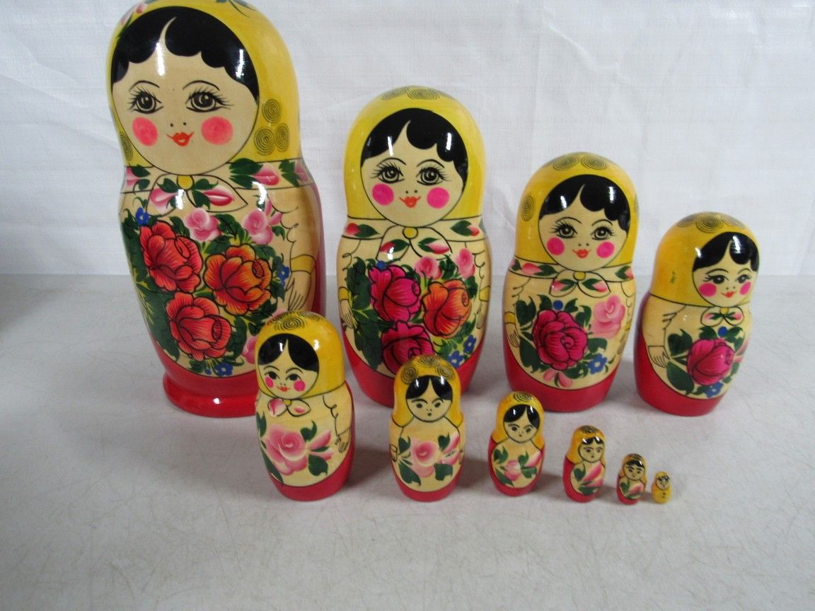 Russian Hand Painted Matryoshka Wood Nesting Dolls 10 Pc. Set Large 10" Tall