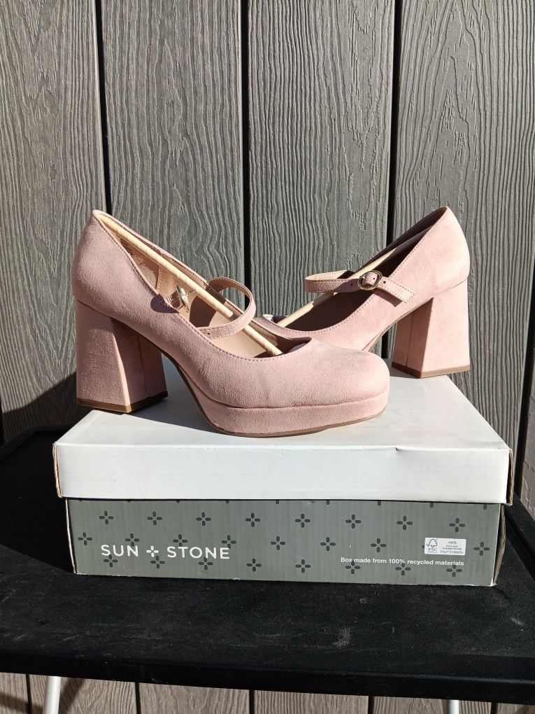 Sun+Stone- rose/pink suede maryjane platform heels size 8.5M