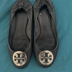 Tory Burch, Black Flats, Silver Buckle Size 8