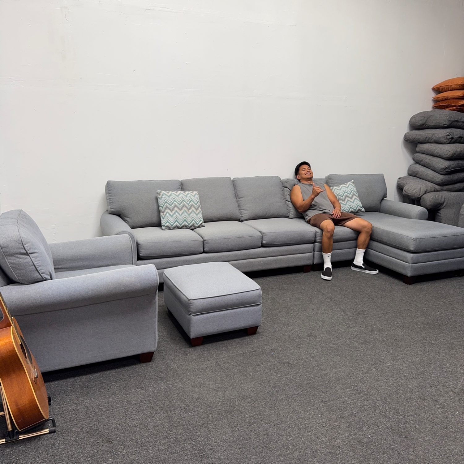 80% OFF: Bassett Sectional Couch + Sofa Chair Set in Blue Gray color - Can Deliver