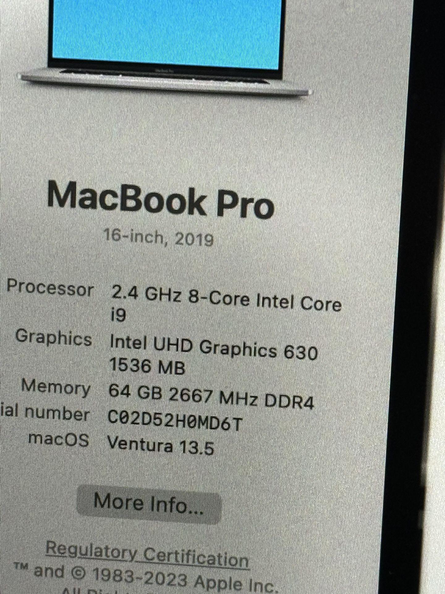 MacBook Pro 2.4 I9 8core 64gb 2TB 16” Beast