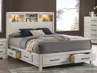 Queen Platform Bed - Bookcase Headboard with Built-In LED Lights