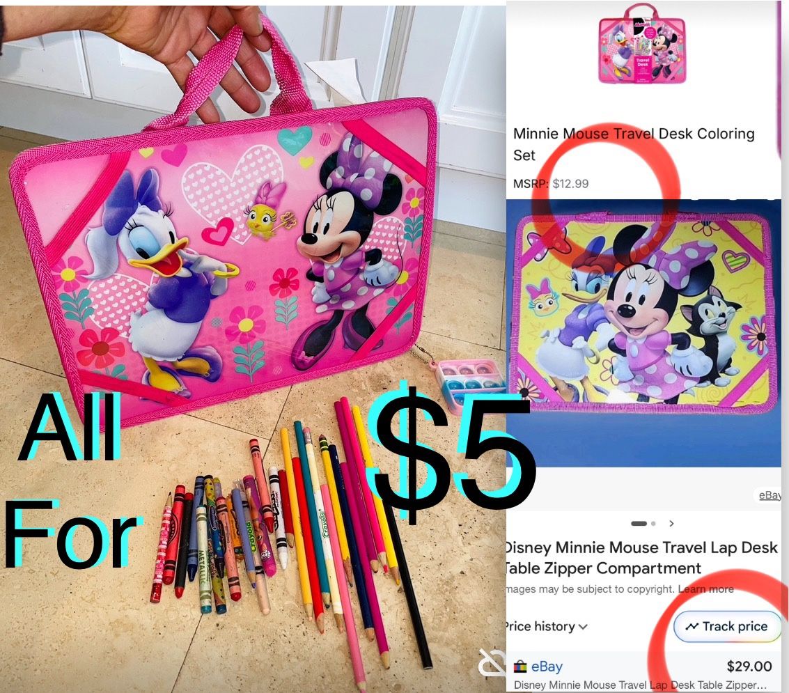 $5 Disney ๐ Minnie Mouse Travel Lap Desk with Storage zipper & color pencils & crayons
