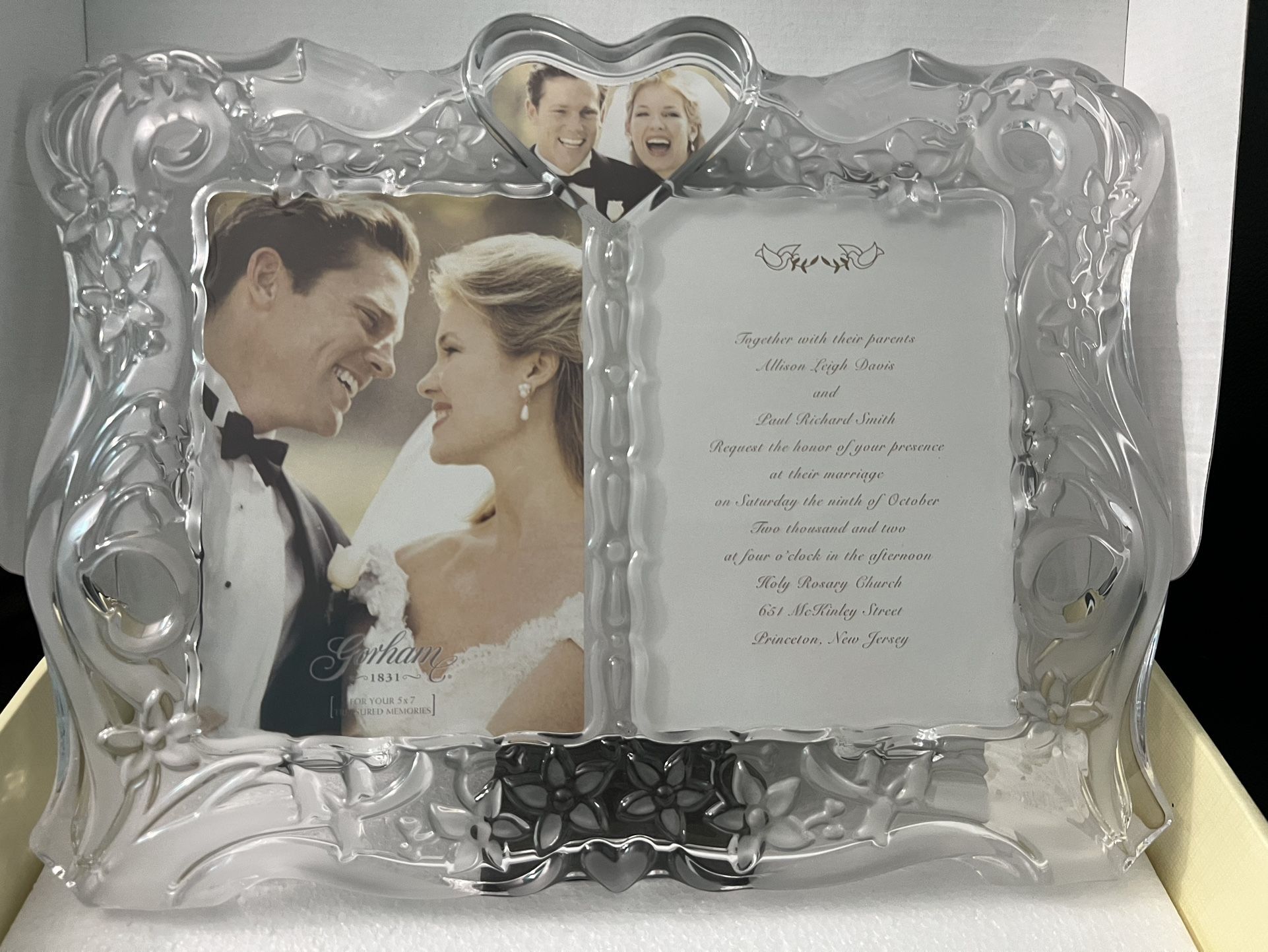 Frame for wedding, Lenox Gorham Crystal, size 11’X 15.’  Dual for 5X7 photos or invitation n photo. New In Box. ( $20.00)