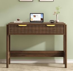 34 Inch Small Fluted Computer Desk with Drawer , Wooden Desks Compact Writing Study Table for Vanity Desk Small Spaces, Walnut