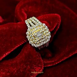 Elegant Baguette Center Double HALO Diamond Ring 14K Yellow Gold 1.55ctw Diamond