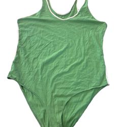 The Wild Fable green one-piece bodysuit with white piping