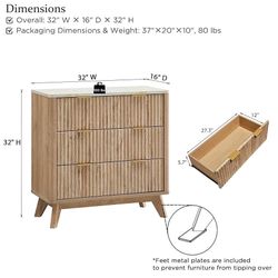 Fluted 3 Drawer Dresser, 32" Tall Modern Chest of Drawers with Faux Marble Top, Curved Profile Design, Wood Drawer Organizer for Bedroom, Living Room,