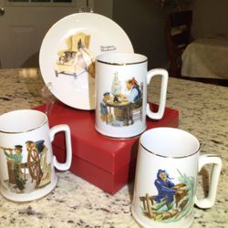 3 Norman Rockwell Mugs With Bonus Small Plate