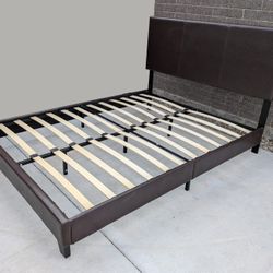Queen brown leather bed 🛏️ with headboard, footboard,  frame and slats
