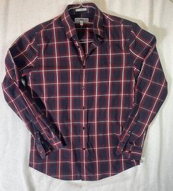 Express Men Fitted L/S Plaid Button Front Shirt Navy Red White Vtg Style M