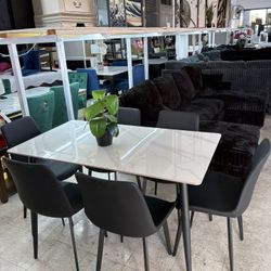 7 Pcs Dining Set Real Stone Table Top + 6 Black Chairs