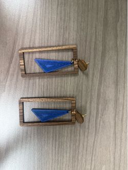 Wooden Geometric Dangle Earrings – Blue & Natural Wood