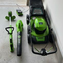 Green works 21" 48V Lawnmower Along With Trimmer And Blower