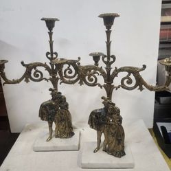 Antique Ornate Gold Renaissance Girandole Candelabra W/ Marble Base Set Of 2