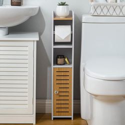 Small Bathroom Storage Cabinet: Toilet Paper Storage for Bathroom with Toilet Roll Holder - Toilet Paper Stand,White/Bamboo

