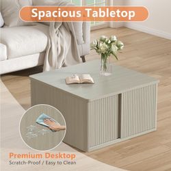 Modern Square Coffee Table, 31.5" Fluted Lift Top, Adjustable Shelves & Sliding Door-Light Grey Oak