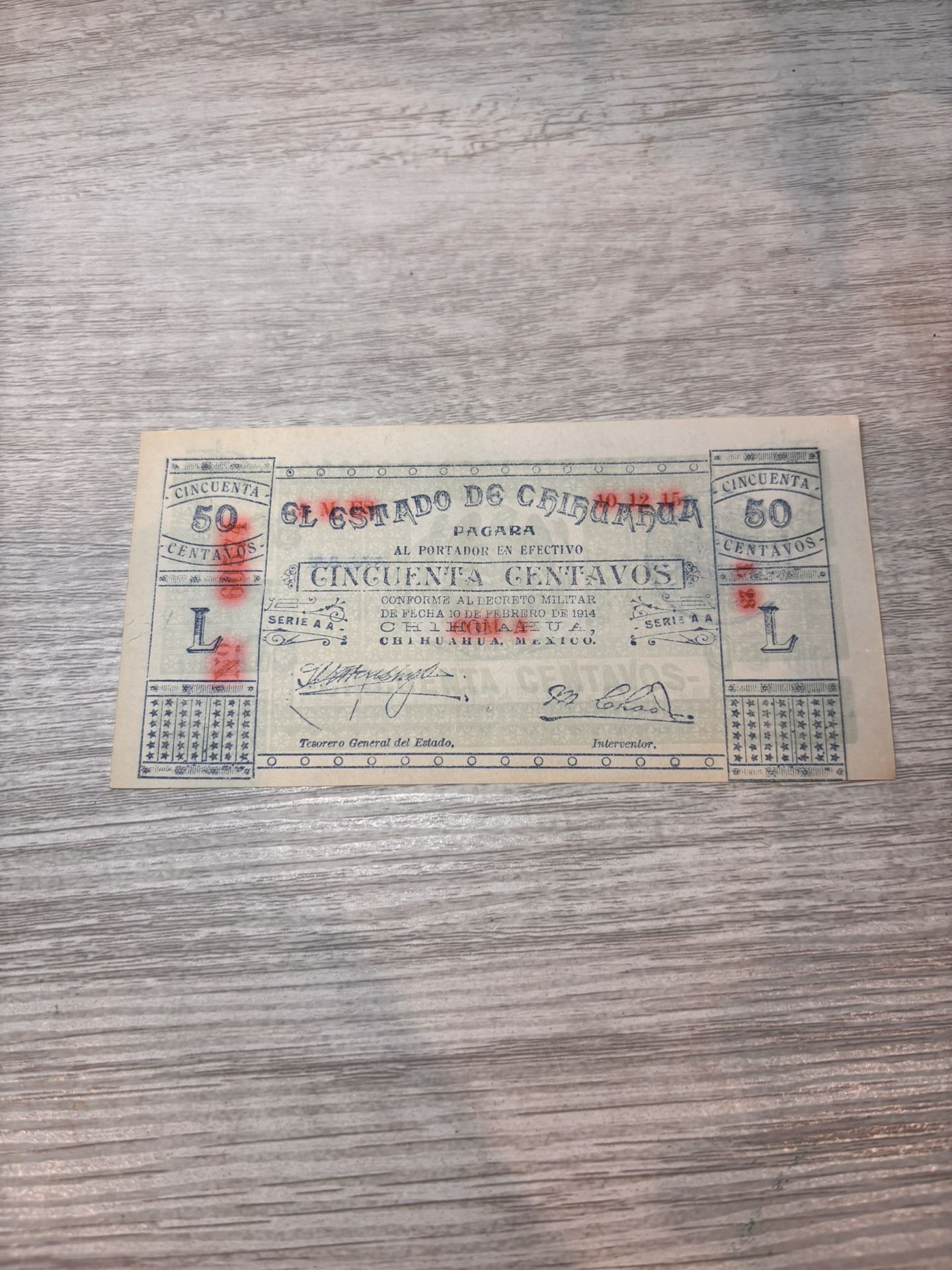 1914 México 🇲🇽 (Chihuahua) 50 Centavos Bank Note