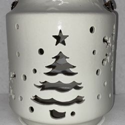 White Ceramic 7” Christmas Holiday Candle Luminary Lantern Tree Snowflake Cutouts 