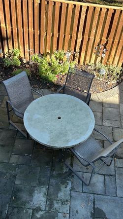 Patio table, 3 chairs, umbrella stand