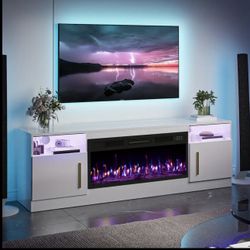 NEW white Tv Stand With FIREPLACE and Built In HEATER