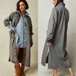 RARE sold out online   NWOT Free People Anna Lou LONG MAXI Denim Duster jacket  Size S  Distressed style triple washed denim. Lightweight and soft  Ca