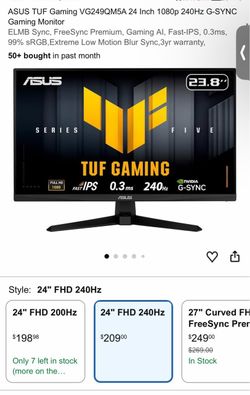 ASUS TUF Gaming Monitor VG249QM5A FHD Fast-IPS, 240Hz, 0.3ms, G-SYNC° compatible, AMD FreeSync™ Premium, ELMB SYNC, 99% sRGB with Built-In Speakers