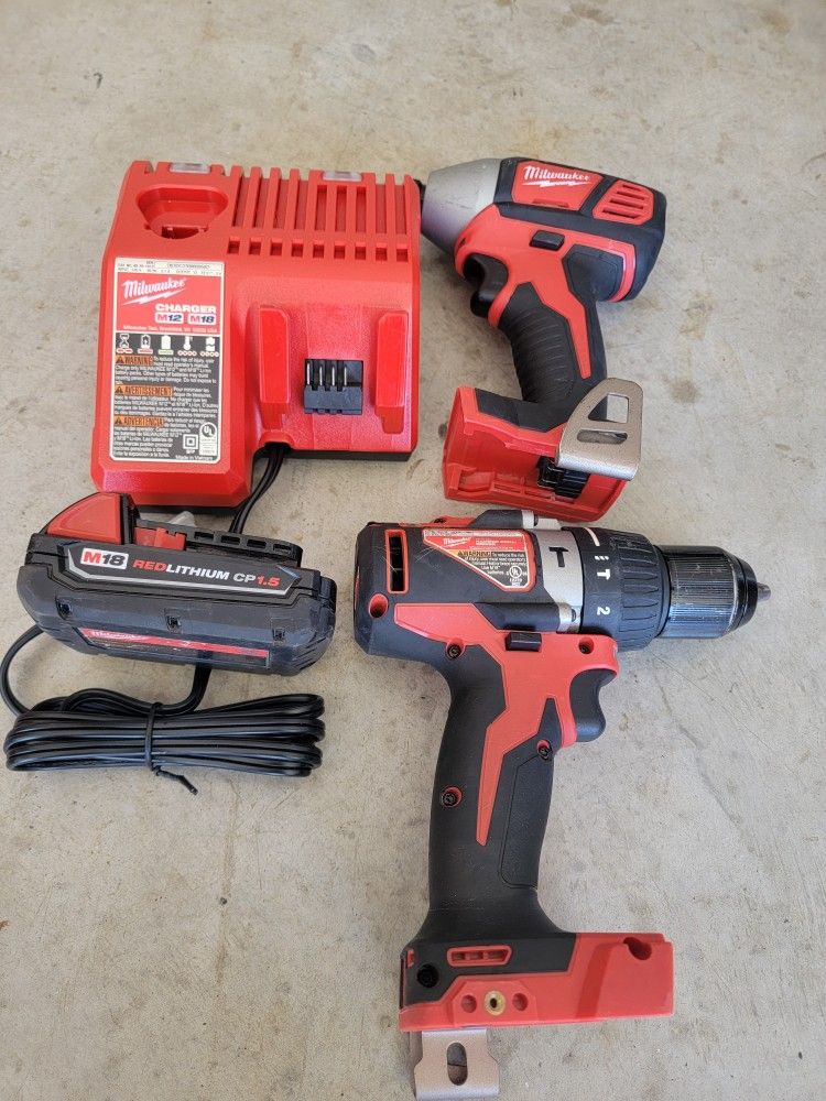Milwaukee Hammer Drii And Impact  Charger And Battery 