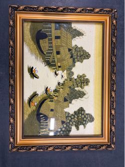 Vintage Framed Embroidery Art Fishing Village