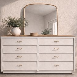 Modern 8 Drawer Dresser – Swiss Coffee White w/ Wood Top & Gold Hardware