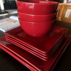 Red Plates & Bowls- Family Set