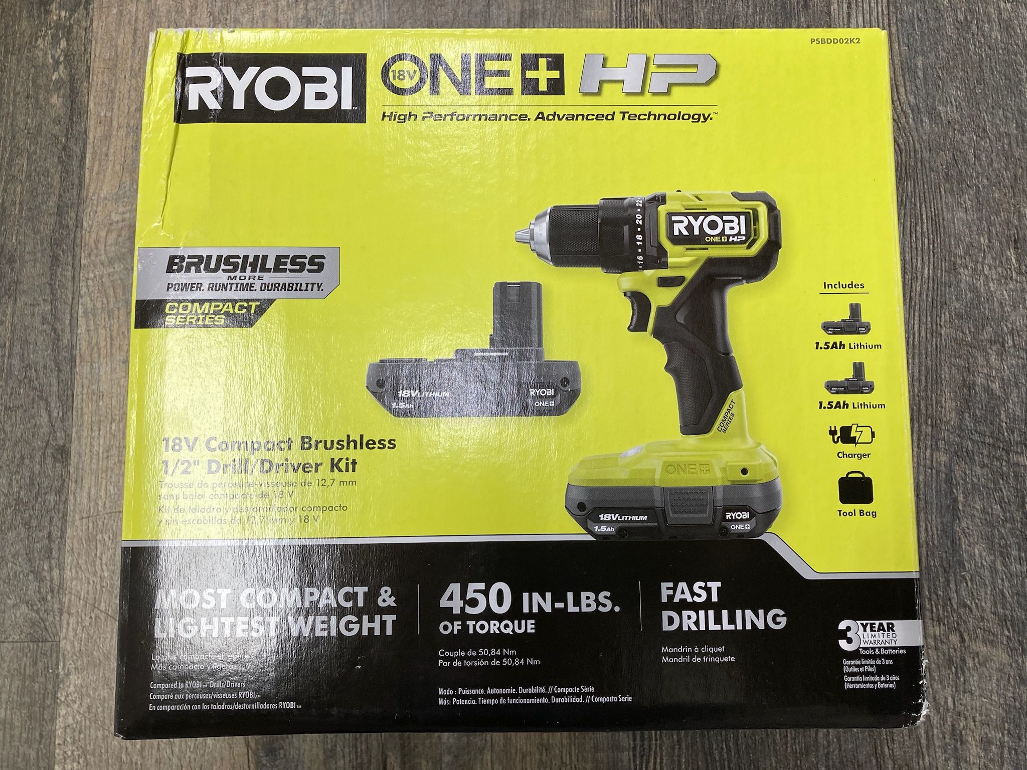 RYOBI PSBDD02K2 ONE+ HP 18V Brushless Cordless Compact 1/2" Drill/Driver Kit