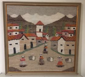 Framed Peruvian Wool Textile Folk Art Village Scene 39.5”x 39.5”