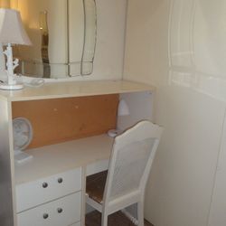White desk with hutch + 2 cabinets + white wood desk chair