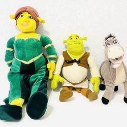 2004 Shrek 2: Nanco Shrek, Donkey & Princess Fiona Set  of 3 Plush Stuffed Dolls