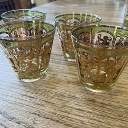 MCM Vintage Green & Gold Drinking Glasses 1960s Art Deco Georges Briard ?