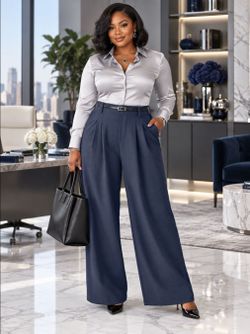 NWoT HALARA Waffle Knit High Waist Pleated Trousers Navy Work Pants XL Regular