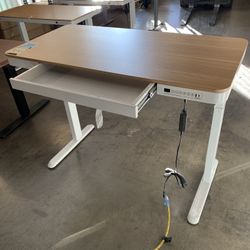 Electric Standing Desk, Adjustable Height 48" Desk with Drawers, USB Charging Port, Quick Install Home Office Computer Laptop Table (Maple Top + White