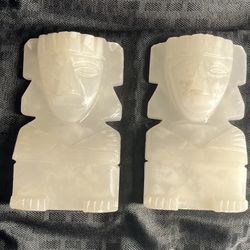Vintage Carved White Onyx and Marble Aztec Mayan Bookends 