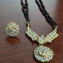Vintage Mangalsurtra Necklace & Earrings Set. 2 layers Black Beads Zirconia in Silver 14K GoldPlated. 19". Traditional Collectibles ! Fine jewelry. 