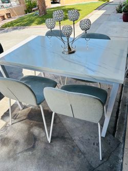 White Marble Table and 4 Gray Chairs
