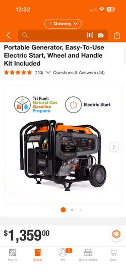 Generac 12500/9500-Watt Tri-Fuel Portable Generator, Easy-To-Use Electric Start, Wheel and Handle Kit Included