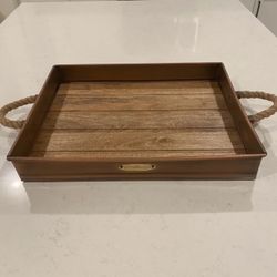 Smith & Hawken Large Copper & Wood Serving Tray With Rope Handles 18"X14"