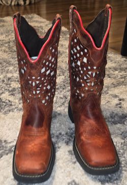 Justin Red Brown Leather Cutout Western Cowboy Boots women’s size 8.5B