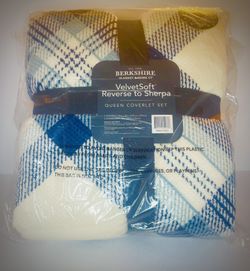 Blue Plaid Berkshire Queen Coverlet Set 