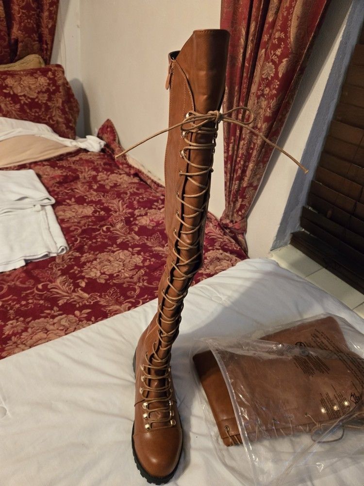 Cognac Leather Thigh High Boots Size 10