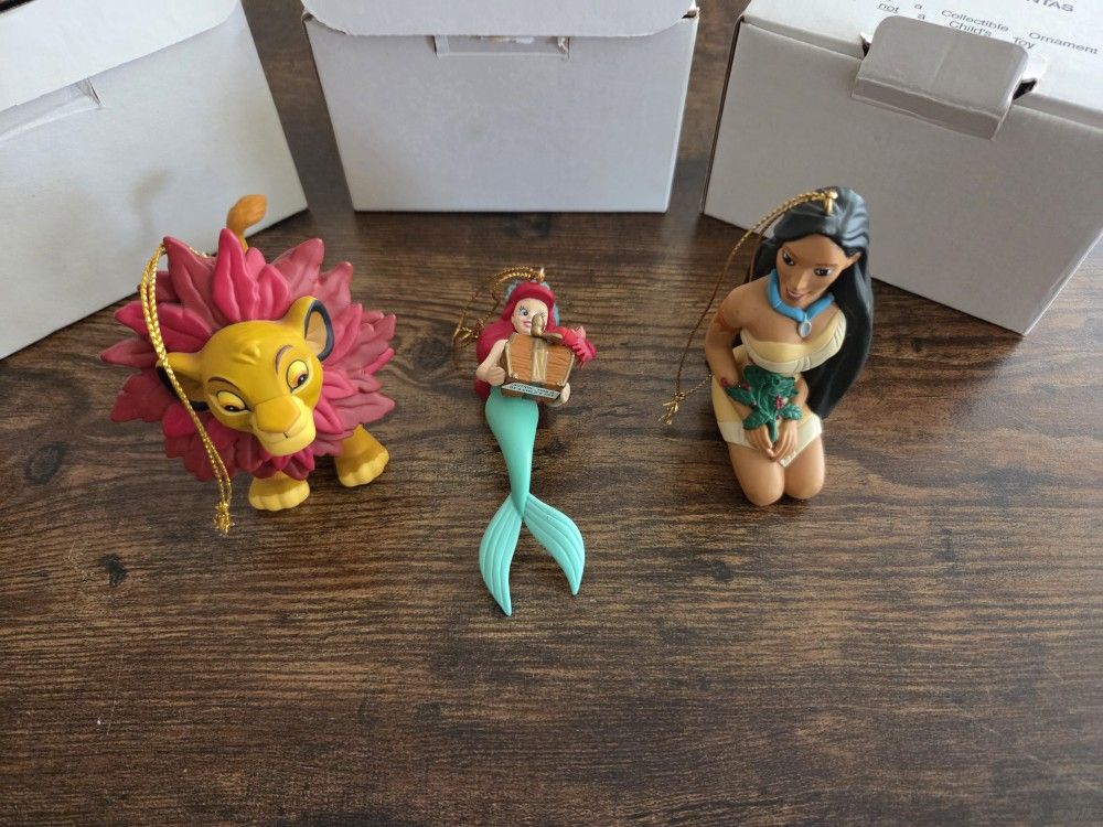 Set Of 3 Vintage Disney Grolier Christmas Tree Ornaments Pocahontas, Little Mermaid And Simba