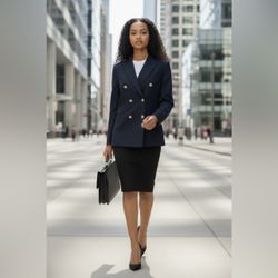 Vintage Custom tailored women’s navy blazer New Hung Cheng Co., Mirador Mansion custom measurements put size approx 6 to 8 