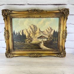 Gold Framed German Alpine Original Oil Painting